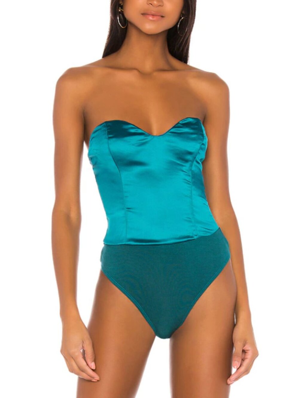 superdown Teal Satin Ribbed Bodysuit with Snaps